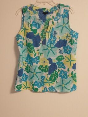 Talbots 100% Linen Floral Split Neck Sleeveless Top Medium